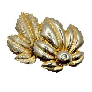 Vintage Gold Tone Leaf and Flower Brooch Mid Century 60s 70s